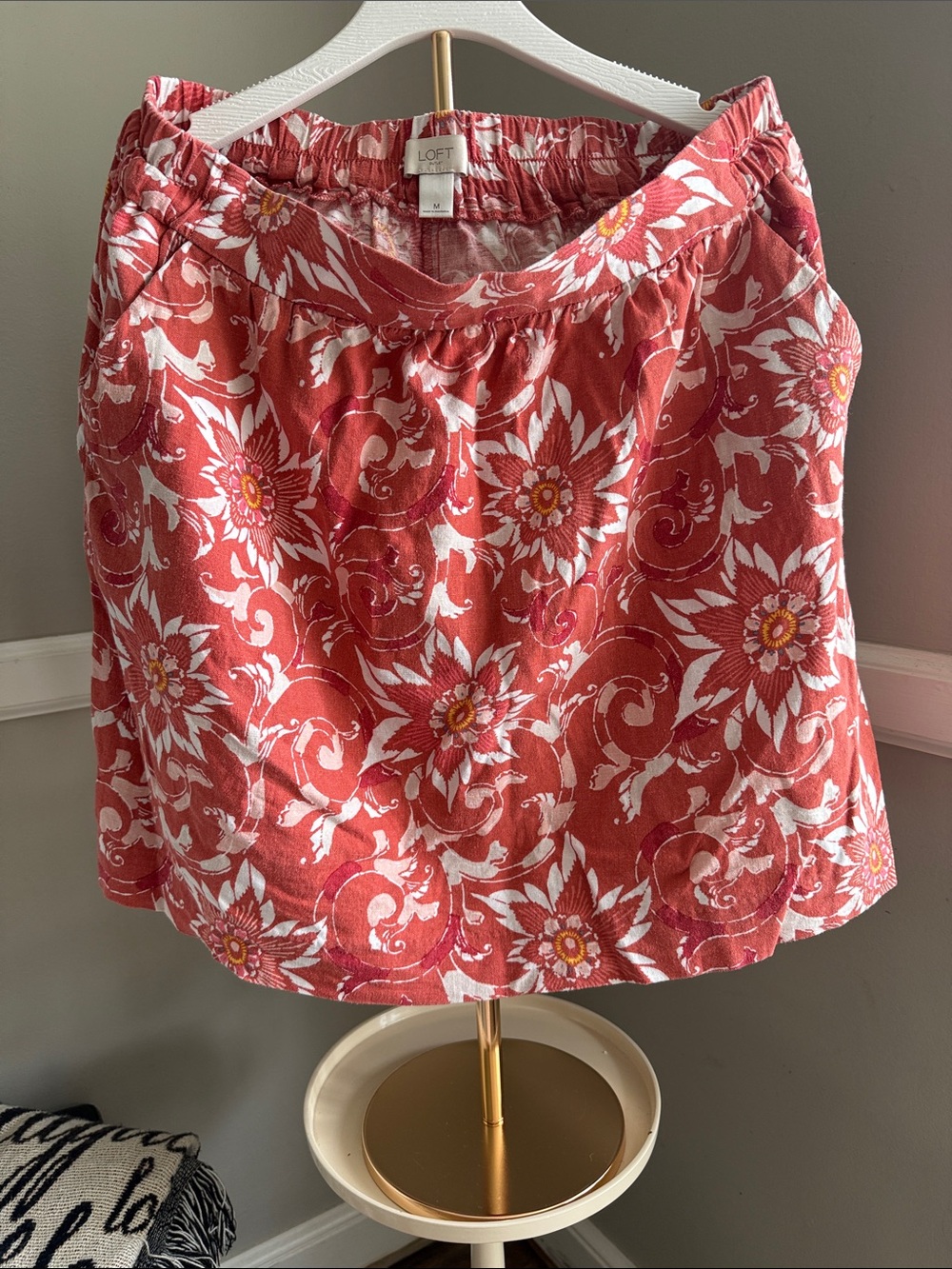 LOFT Coral-Pink Floral Linen-Blend Skirt